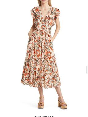 NWOT Chelsea28 Floral Summer Ruffle Sleeve Org Cotton Blend Dress - L